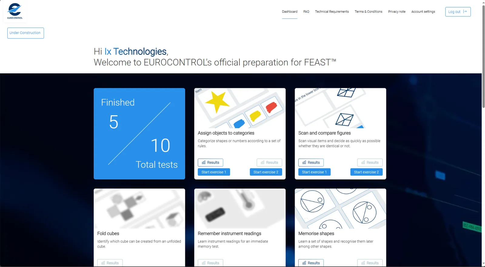 FEAST Training dashboard listing the available practice tests