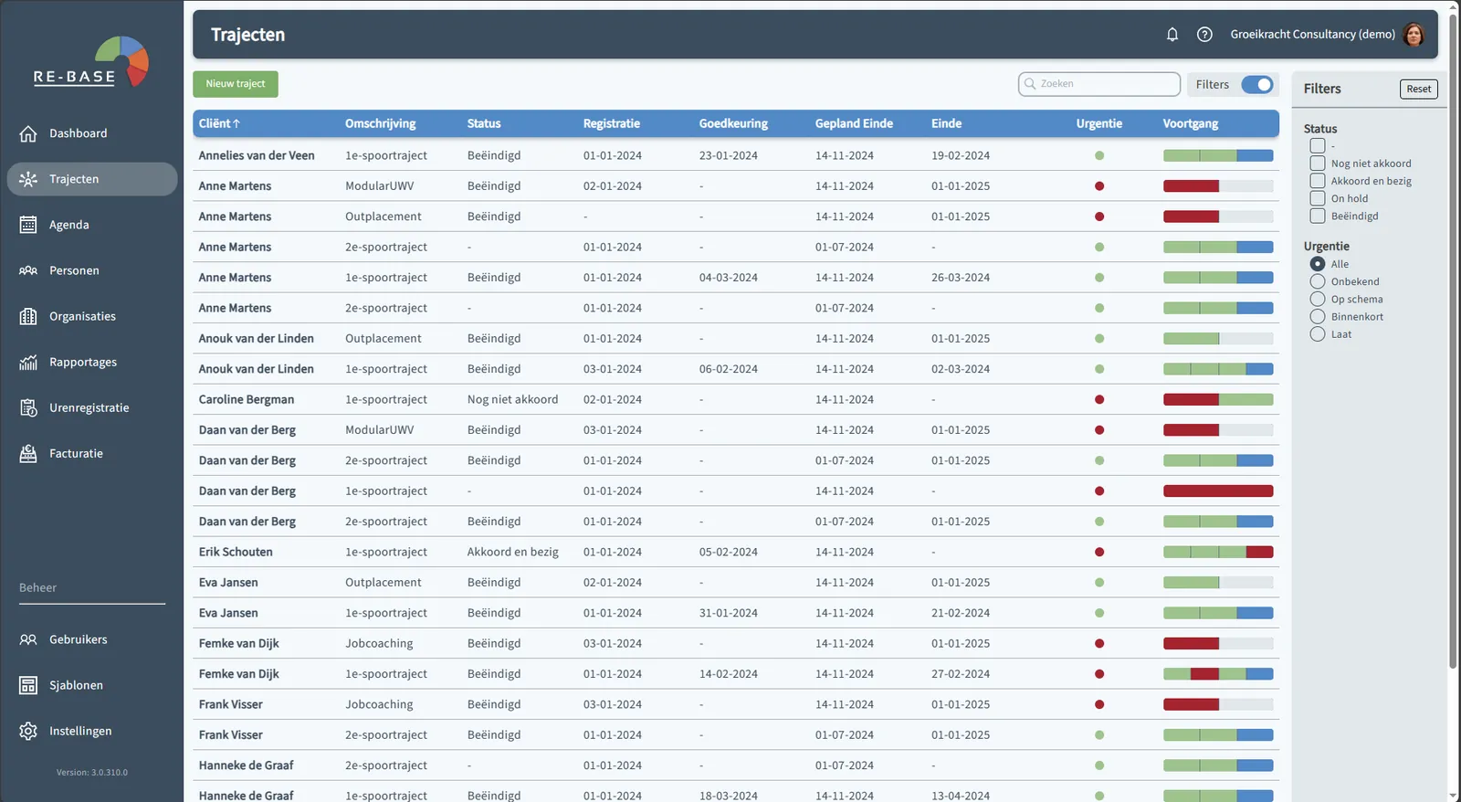 Re-Base client overview screen
